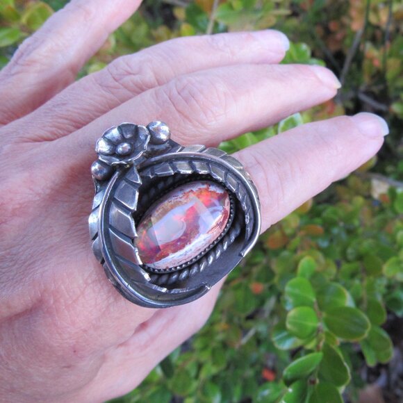 Rare High Horse Silver Exquisite Custom Huge Flashy Mexican Fire Opal Ring .925 - Picture 12 of 14
